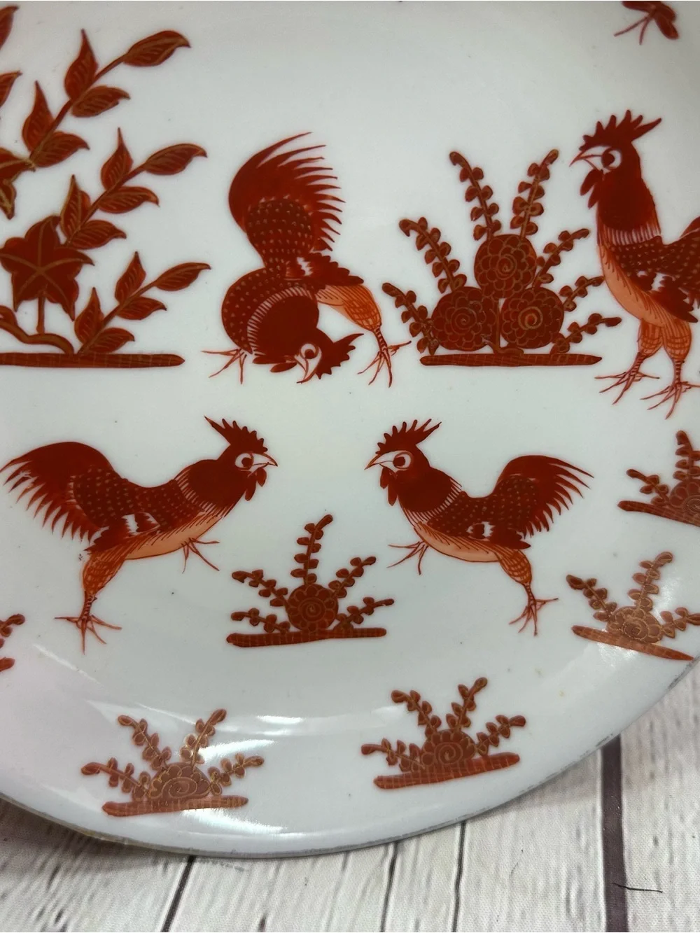 Vtg bowl Rust Red Rooster farmhouse rustic folk-art country cottage butterfly